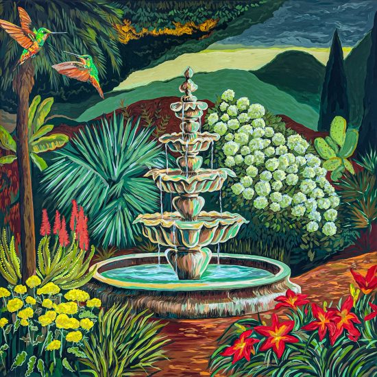 Brittany Fanning,

Hummingbirds and Fountain, 2023. Acrylic on canvas. Cm 122x122