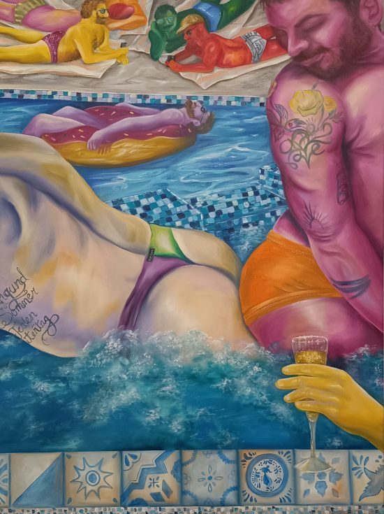 Brea Weinreb , Hot Tub Booty Bump, 2023. Oil on canvas. Cm 101x76
